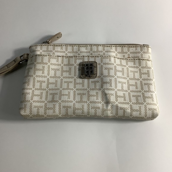 Tommy Hilfiger Handbags - Tommy Hilfiger Women's Logo Printed Medium Wristlet Wallet Clutch Bag White/Tan